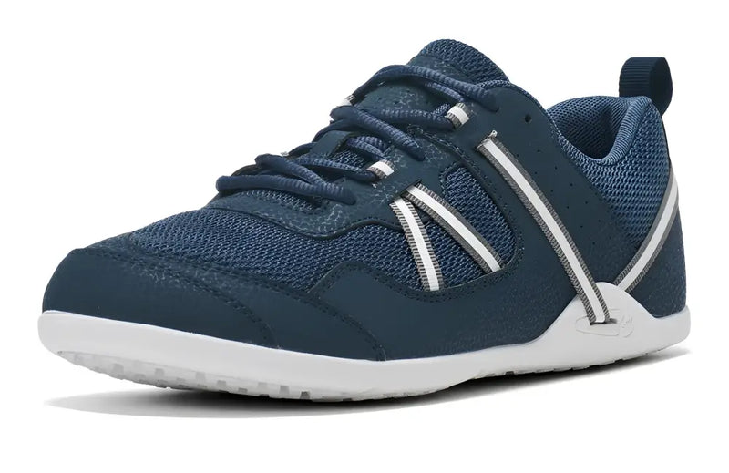 Navy blue athletic shoe with white soles and white and gray stripes on the sides