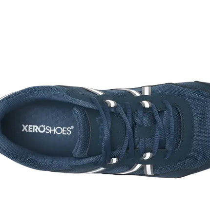 Top down view of a dark blue Xero Shoes athletic shoe with white and grey stripes