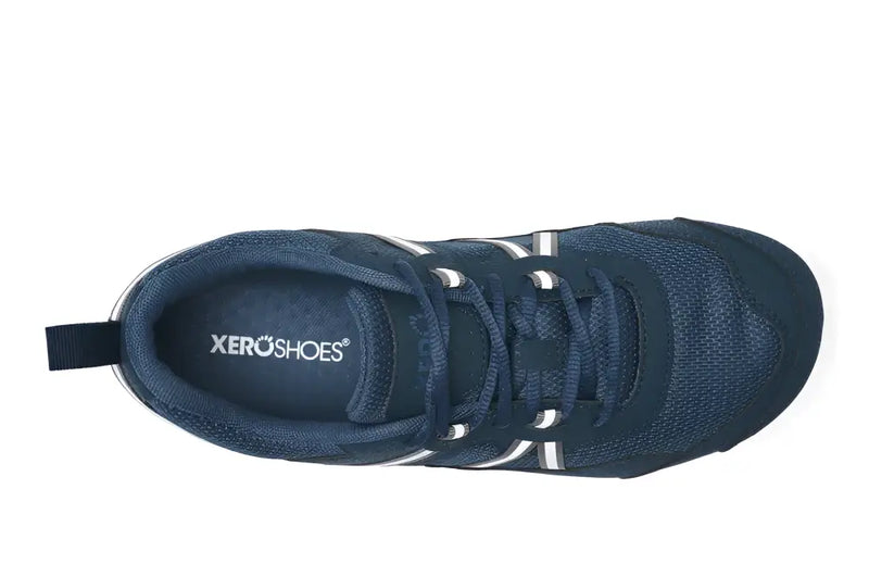 Top down view of a dark blue Xero Shoes athletic shoe with white and grey stripes