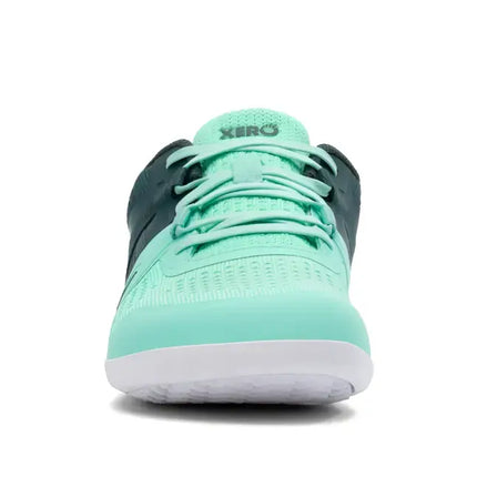 Front view of a mint green and dark grey athletic shoe with white sole