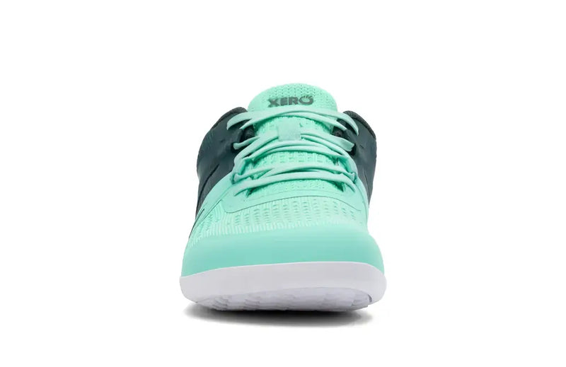 Front view of a mint green and dark grey athletic shoe with white sole