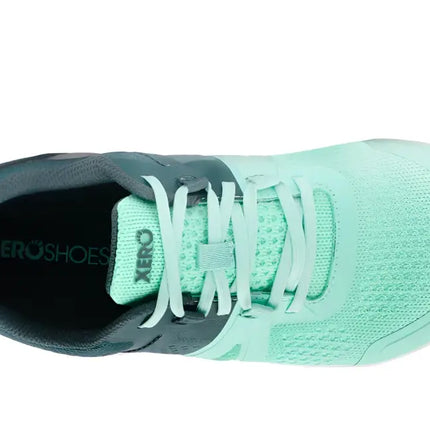 Top down view of a mint green and dark teal Xero Shoes running shoe