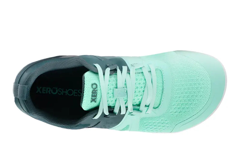Top down view of a mint green and dark teal Xero Shoes running shoe