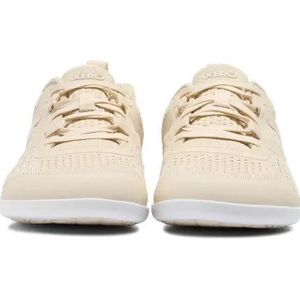 Pair of light beige Xero Shoes with white soles, front view